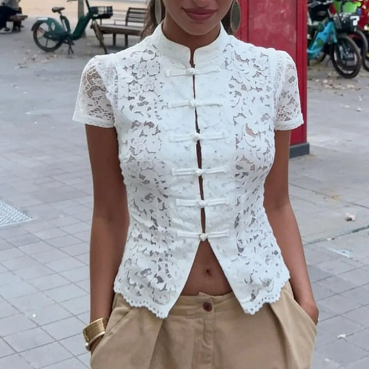 Merletto Frog-Button Lace Top