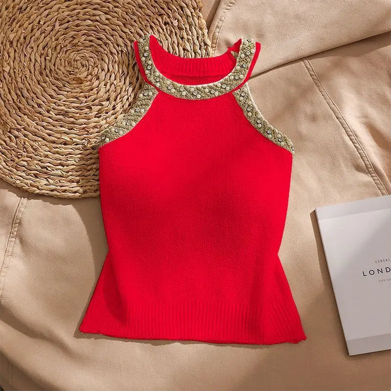 Perlina Beaded Halter Knit Top