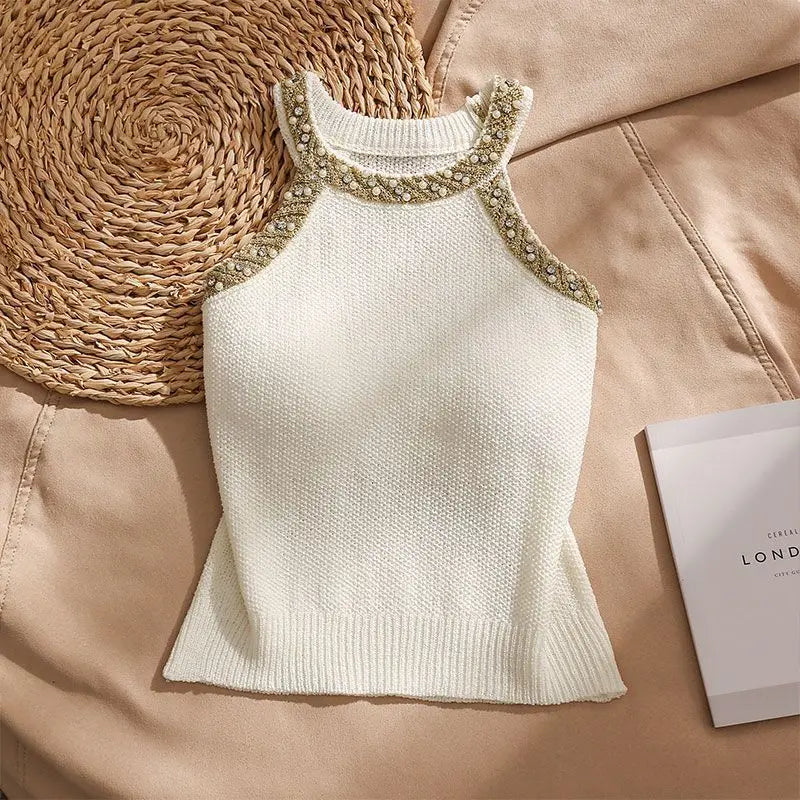 Perlina Beaded Halter Knit Top