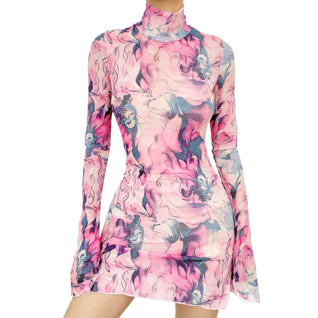 Acquerello Printed Mesh Turtleneck Mini Dress