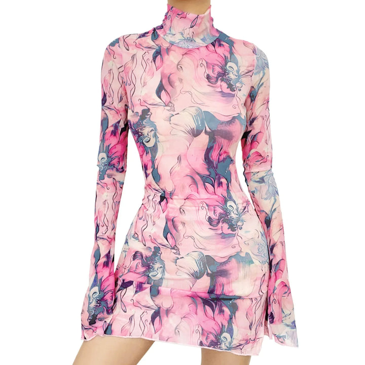 Acquerello Printed Mesh Turtleneck Mini Dress