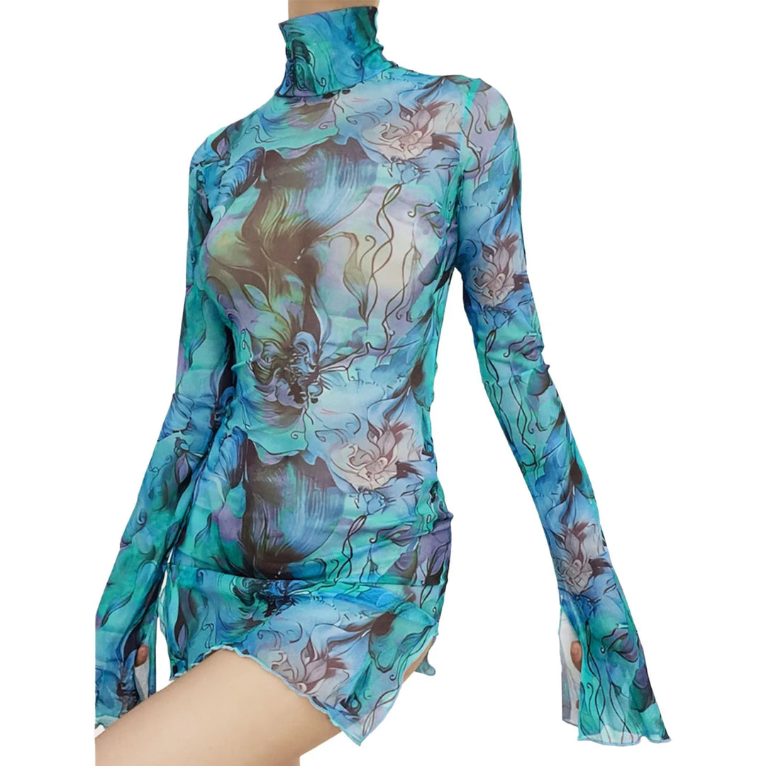 Acquerello Printed Mesh Turtleneck Mini Dress