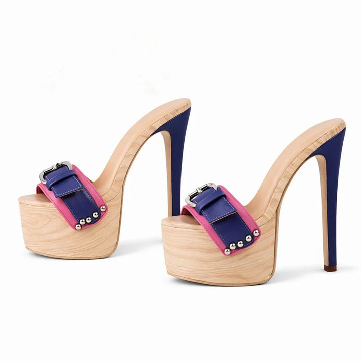 Venatura Wood-Platform Buckle Mules