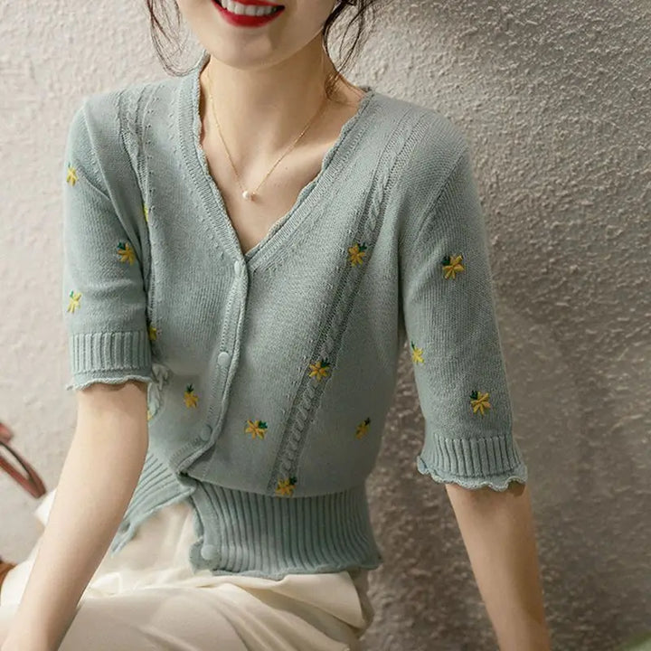 Roselle Embroidered V-Neck Cardigan