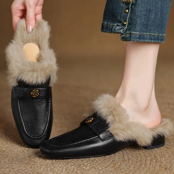 Camellia Leather Shearling Mules