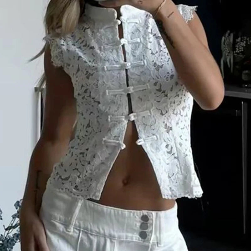 Merletto Frog-Button Lace Top