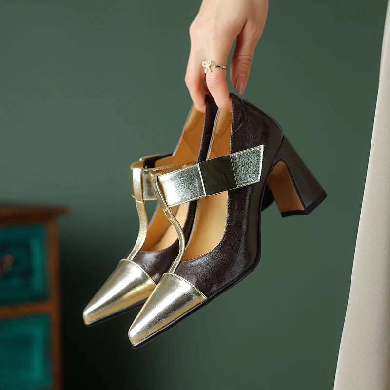 Fibbiona Gold-Buckle T-Strap Mary Janes