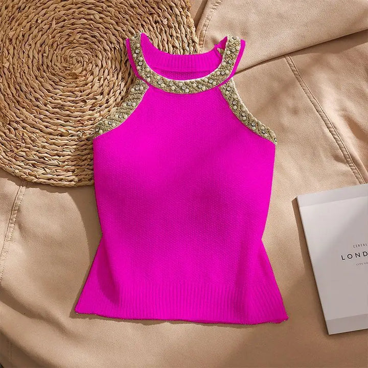 Perlina Beaded Halter Knit Top