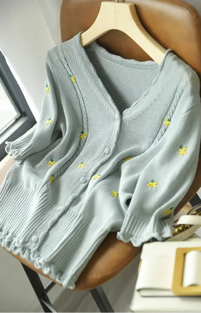 Roselle Embroidered V-Neck Cardigan