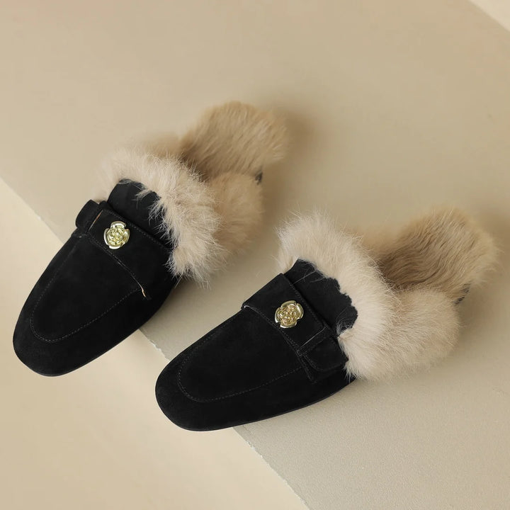 Camellia Suede Shearling Mules