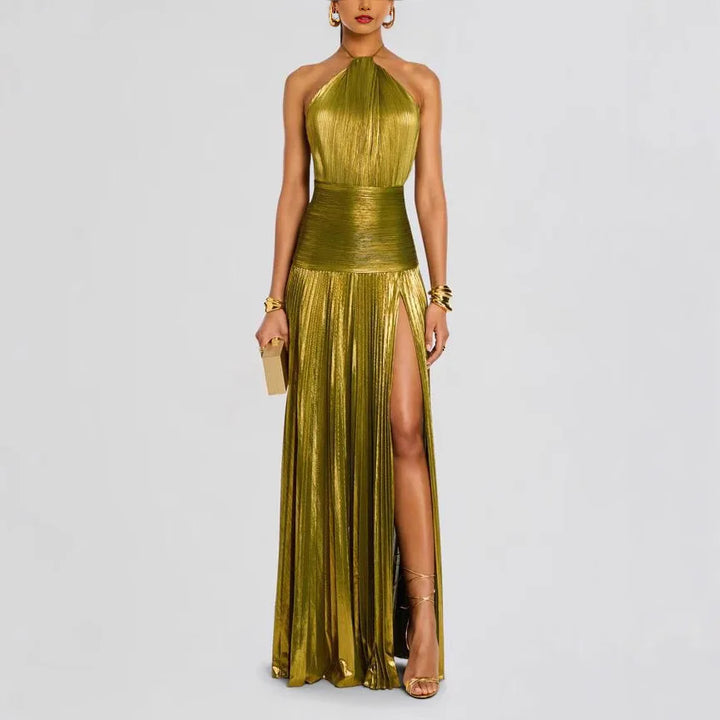 Olympia Metallic Halter Dress