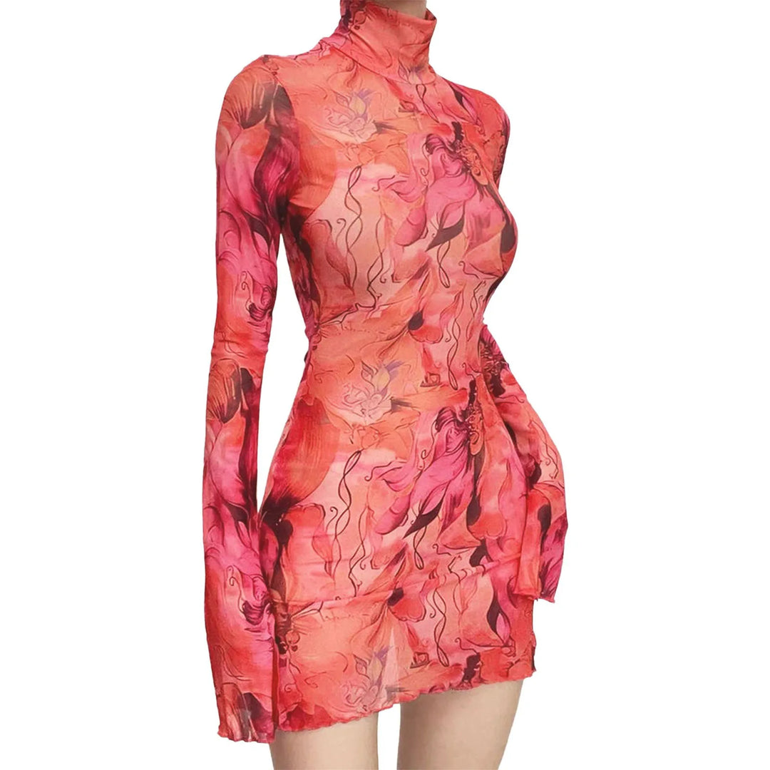 Acquerello Printed Mesh Turtleneck Mini Dress