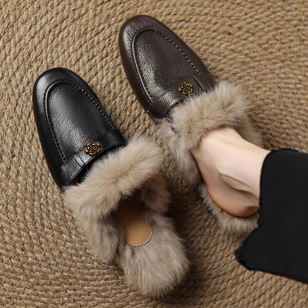 Camellia Leather Shearling Mules
