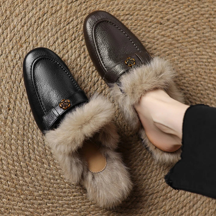 Camellia Leather Shearling Mules