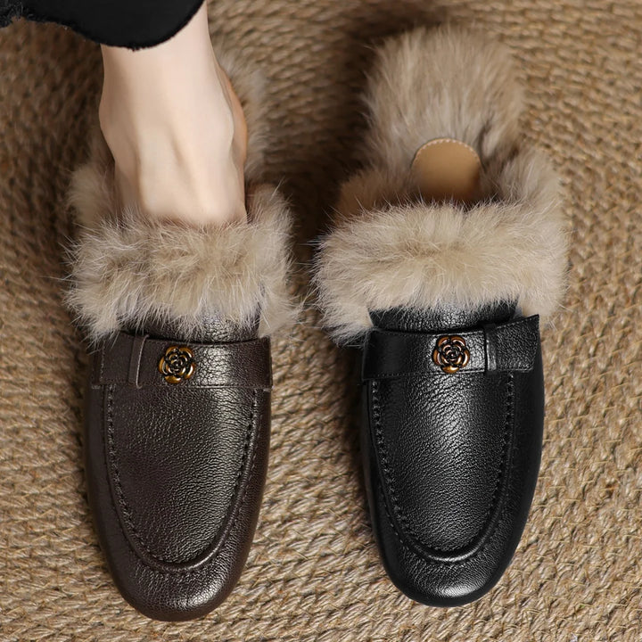 Camellia Leather Shearling Mules