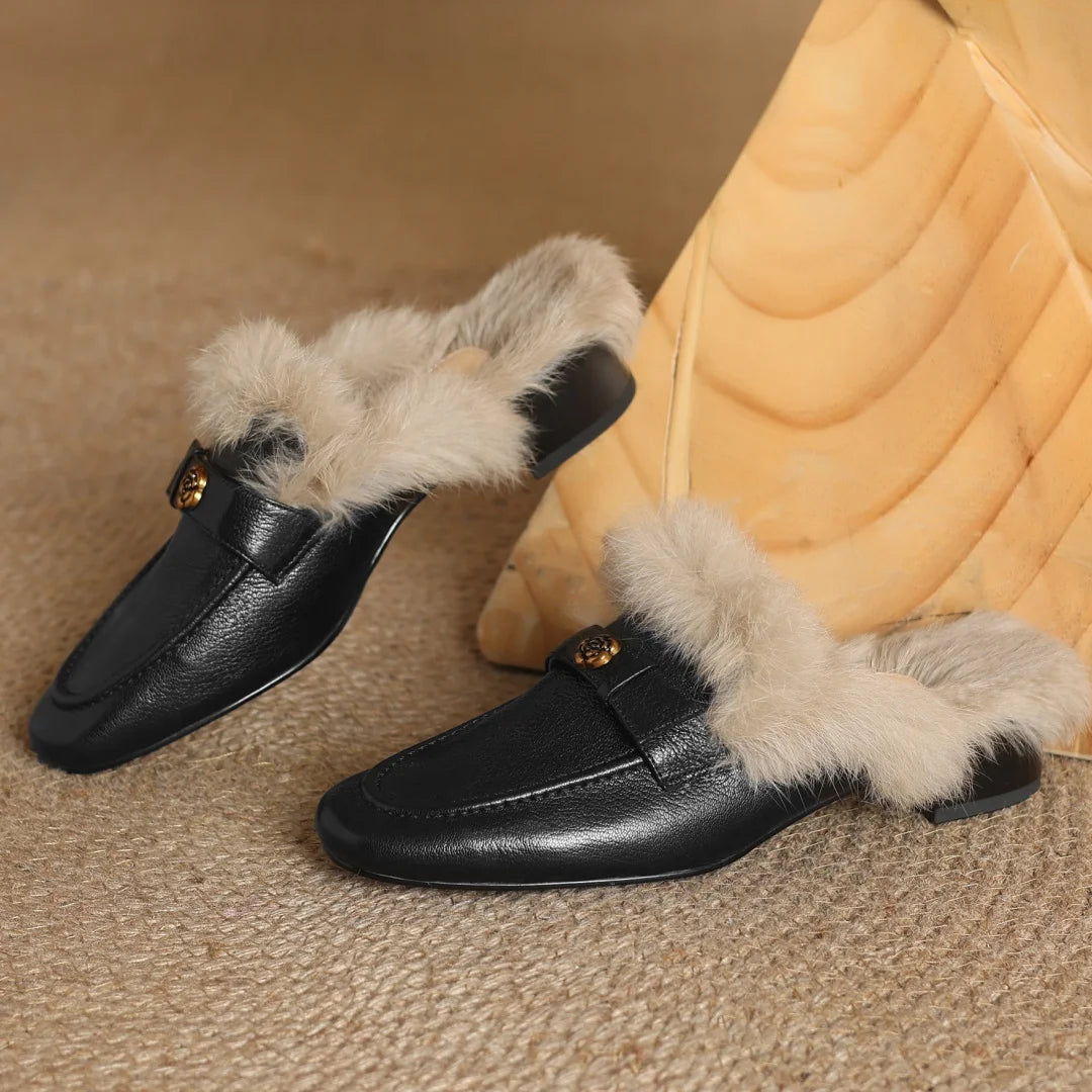 Camellia Leather Shearling Mules