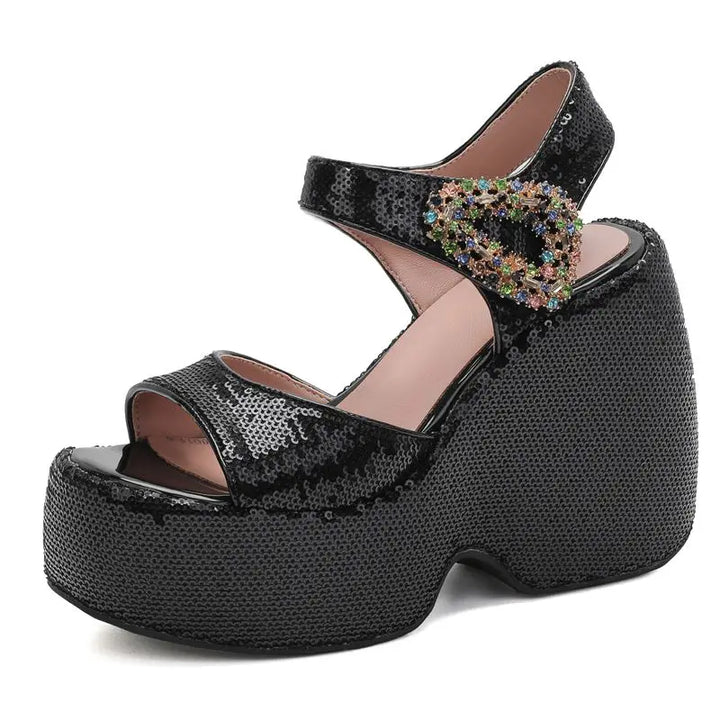 Scintilla Crystal-Buckle Platform Wedges