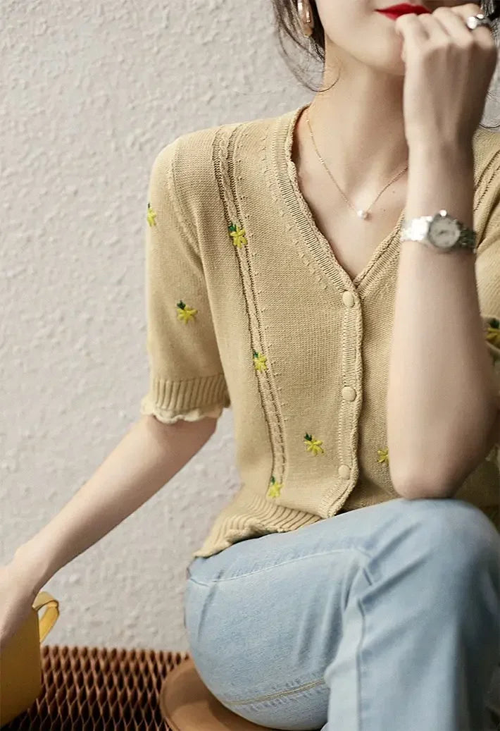 Roselle Embroidered V-Neck Cardigan