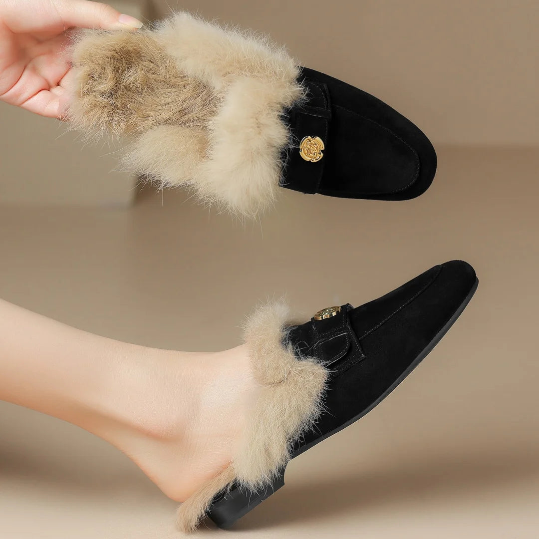 Camellia Suede Shearling Mules