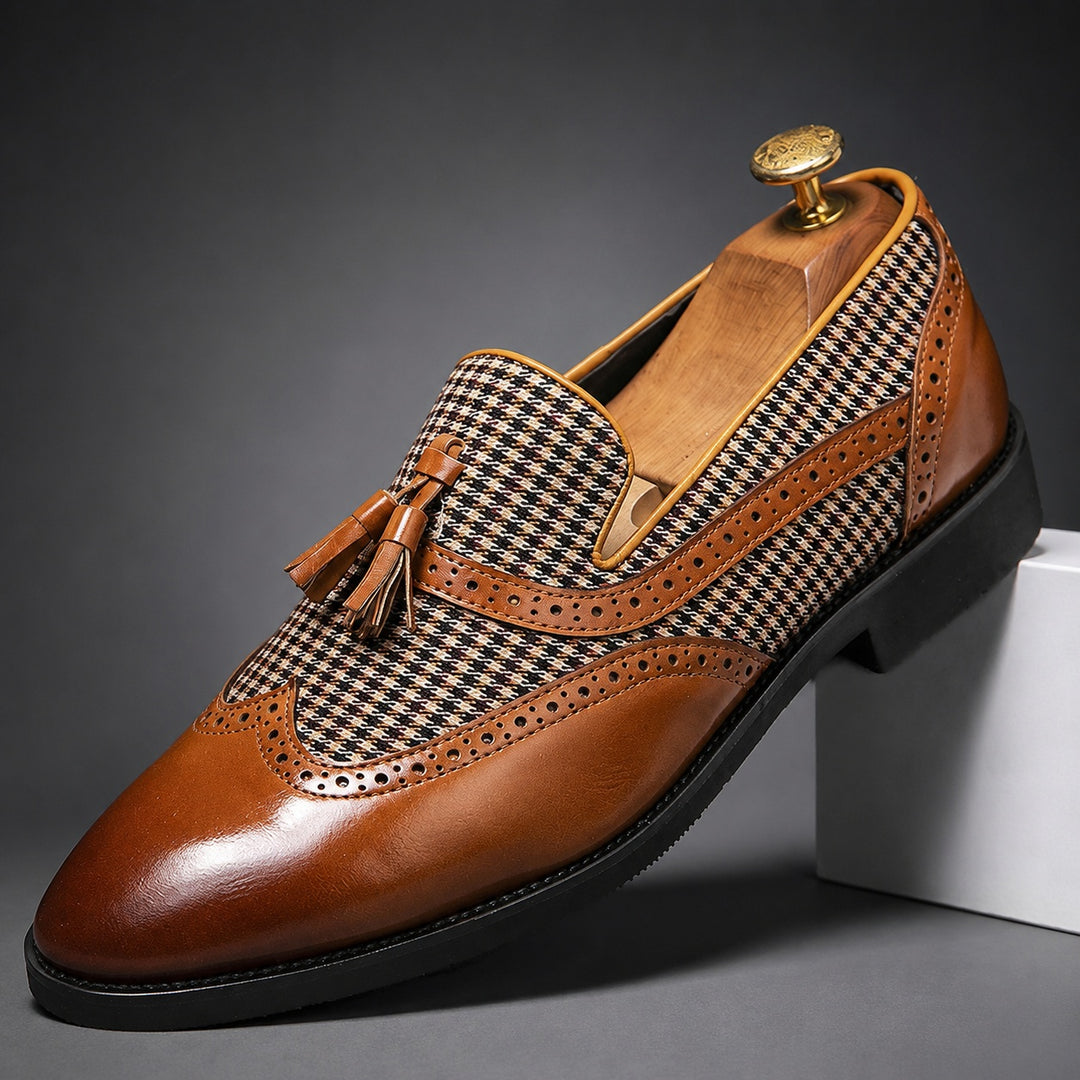 Aldrino Houndstooth Tassel Loafers — ce_angle_01
