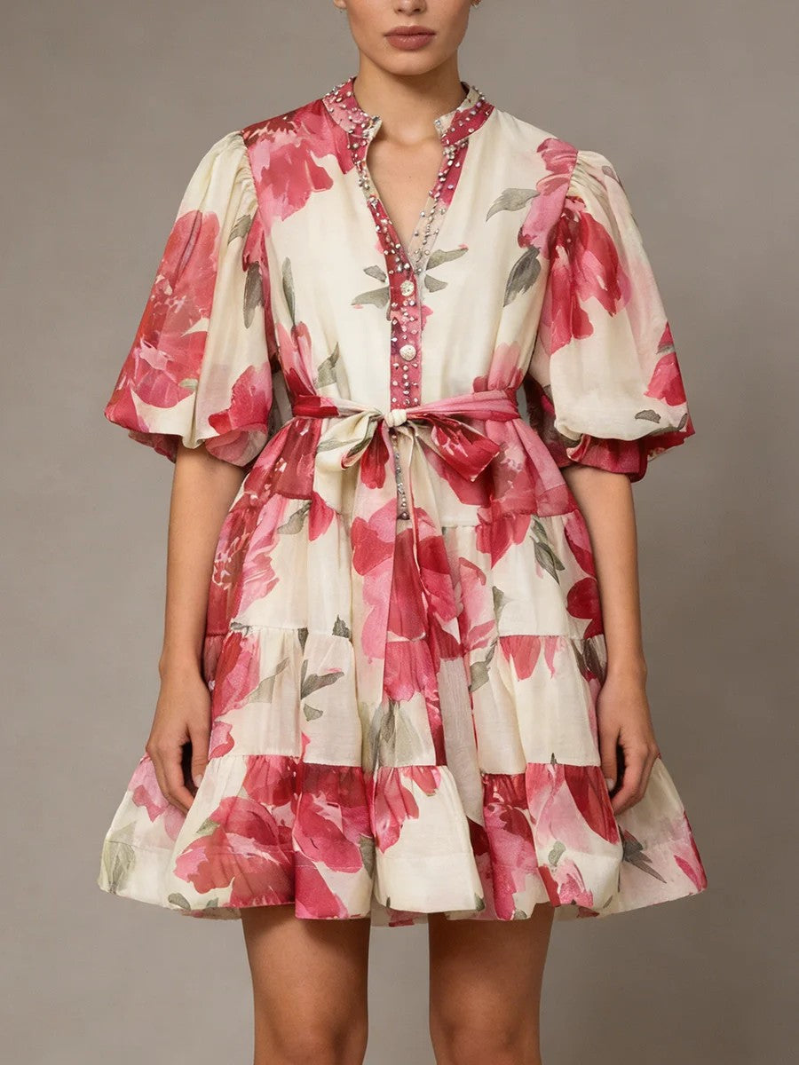 Fioritura Beaded Puff-Sleeve Mini Dress