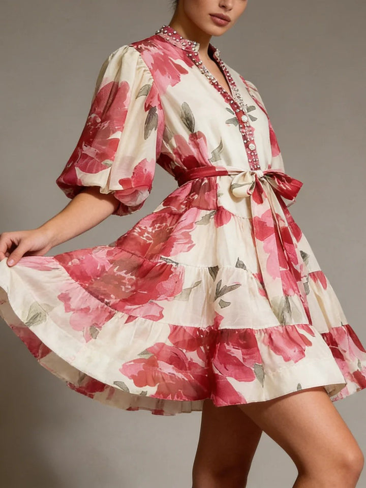 Fioritura Beaded Puff-Sleeve Mini Dress