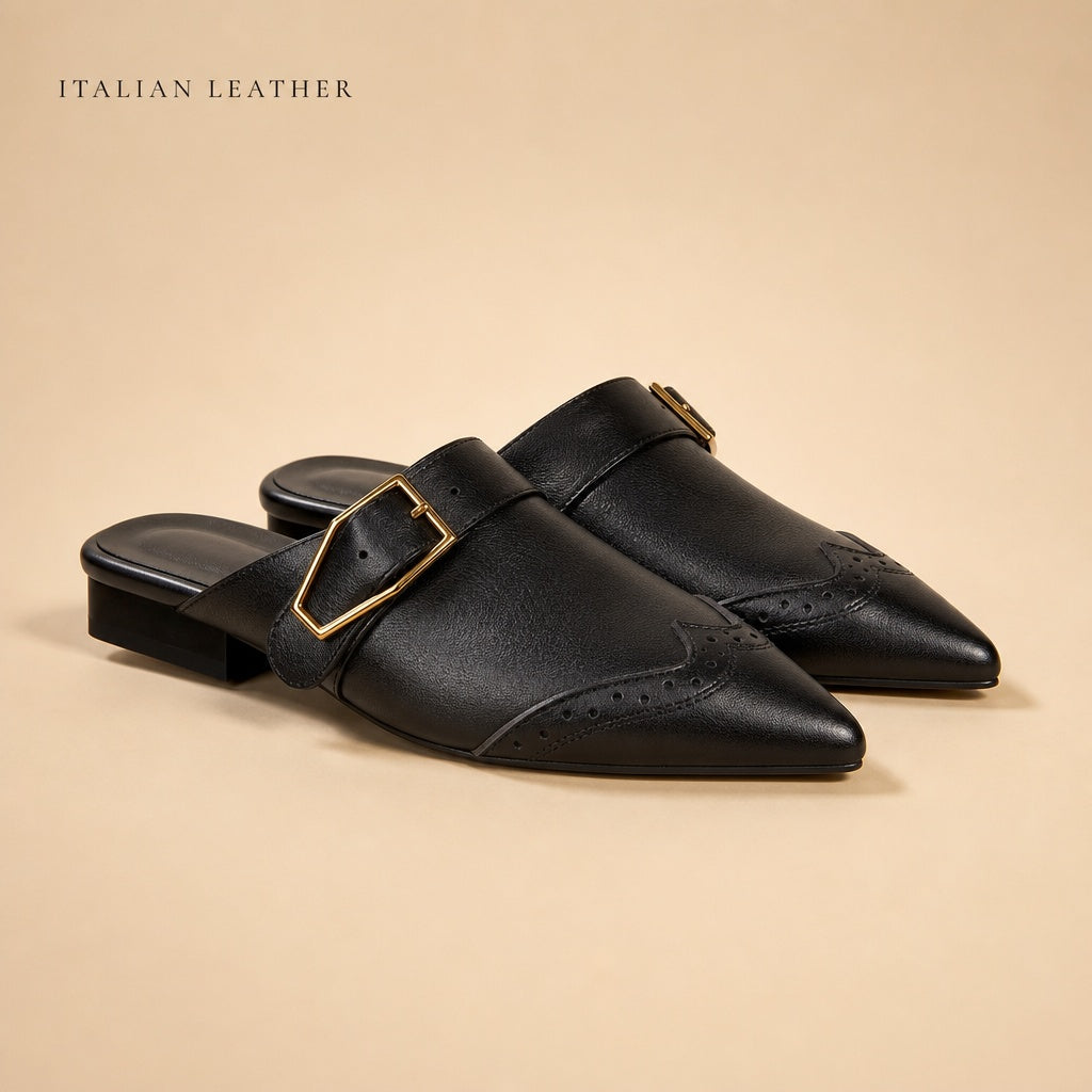 Brogue Buckle Leather Mules — 01_clean_hero_side_profile