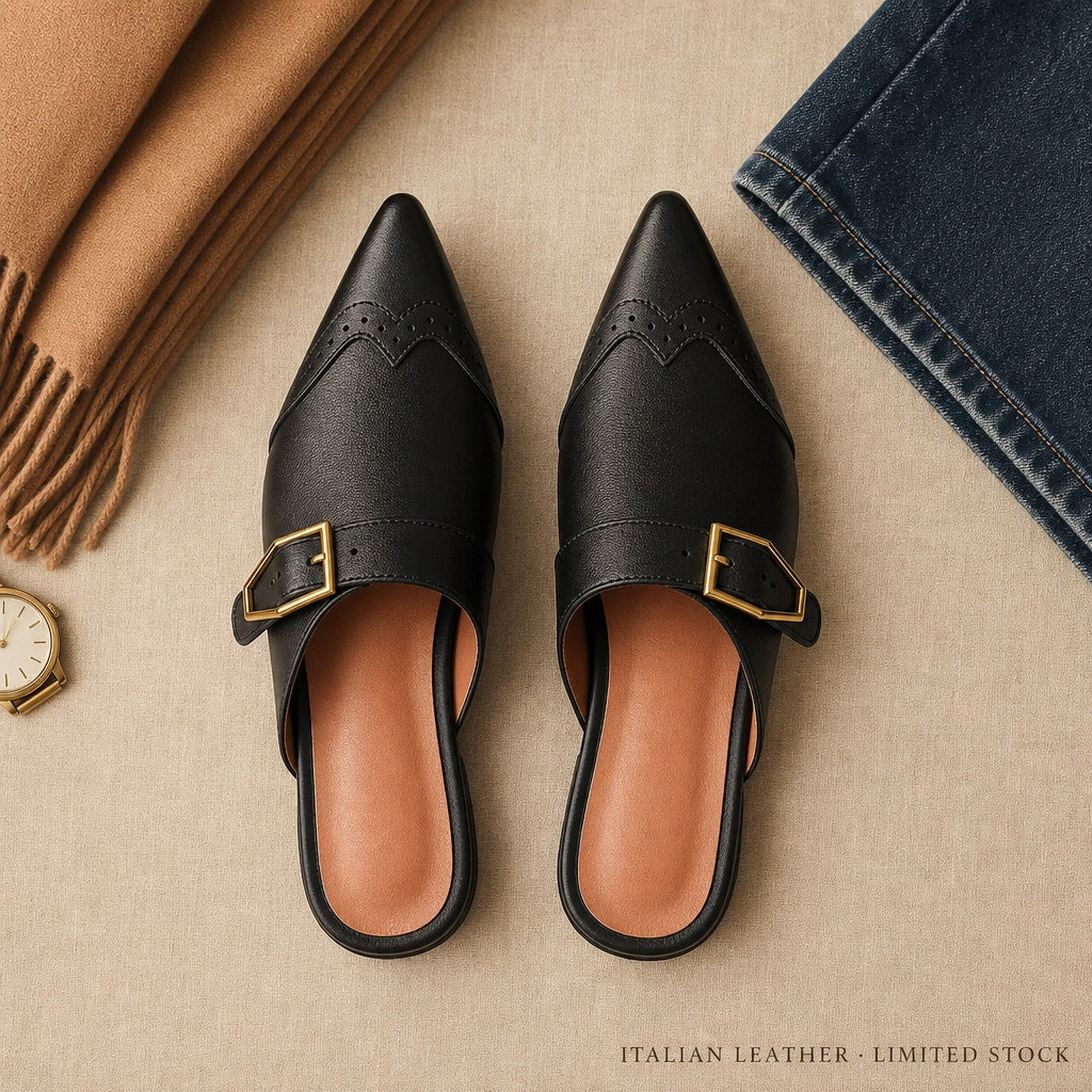 Brogue Buckle Leather Mules — 05_overhead_flatlay_styled