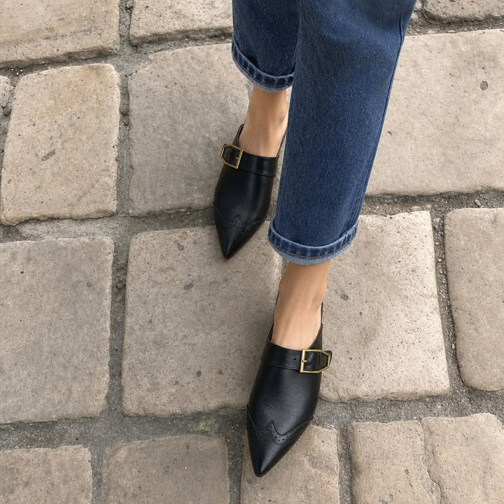 Brogue Buckle Leather Mules — 06_ugc_pov_walking