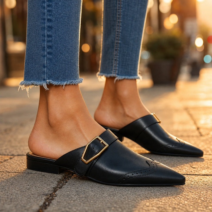 Brogue Buckle Leather Mules — brooklyn_brown
