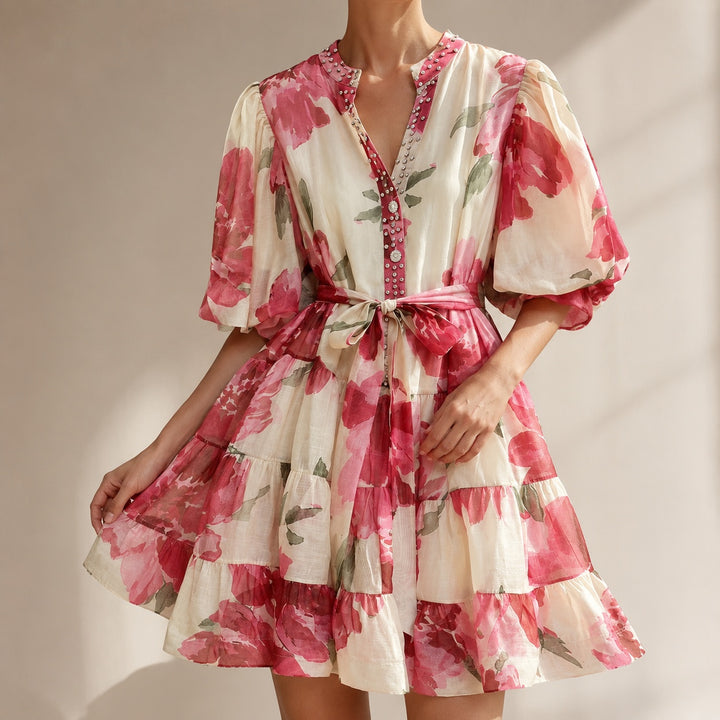 Fioritura Beaded Puff-Sleeve Mini Dress — ce_metastatic_01