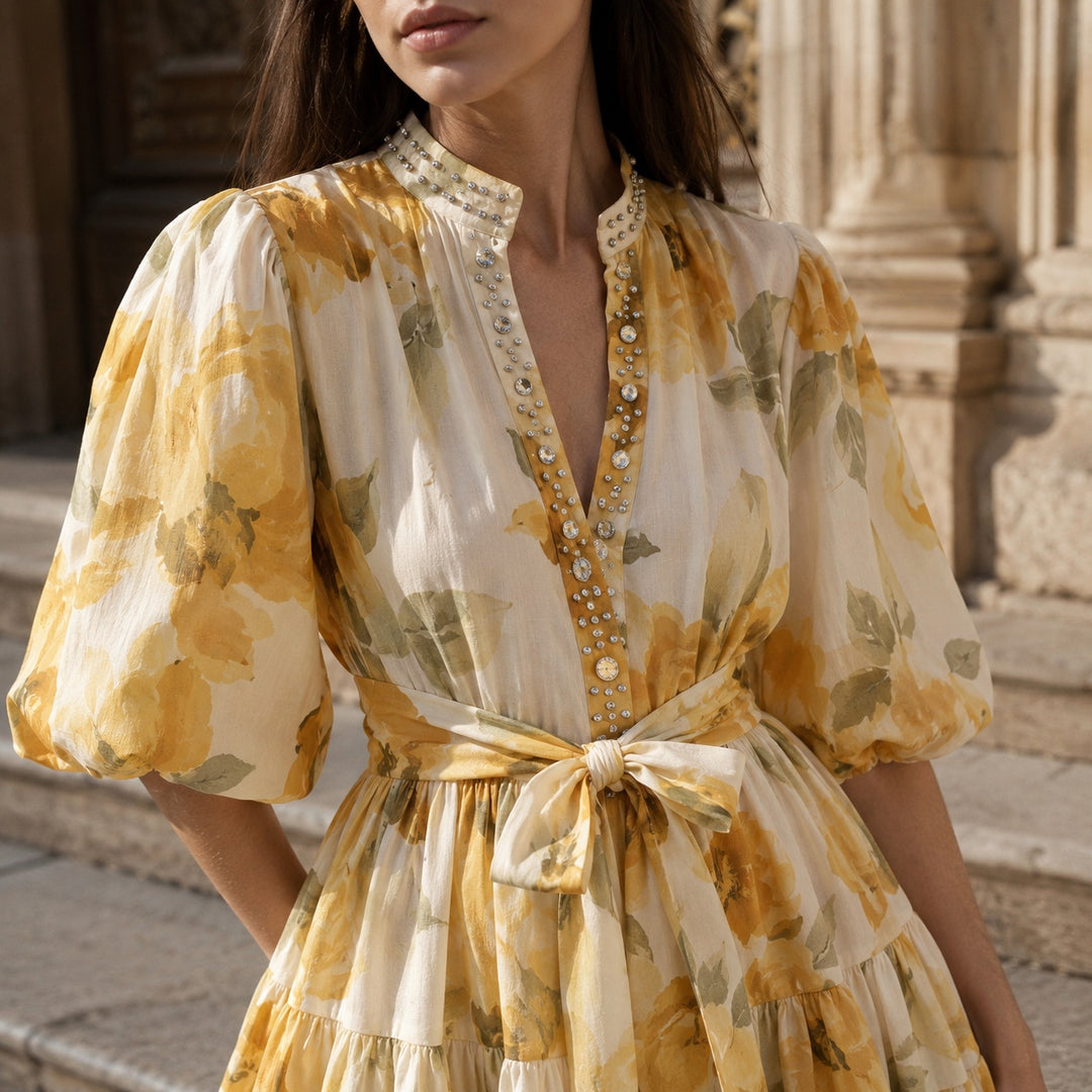 Fioritura Beaded Puff-Sleeve Mini Dress — ce_aub_01