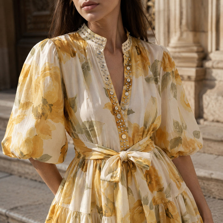 Fioritura Beaded Puff-Sleeve Mini Dress — ce_aub_01