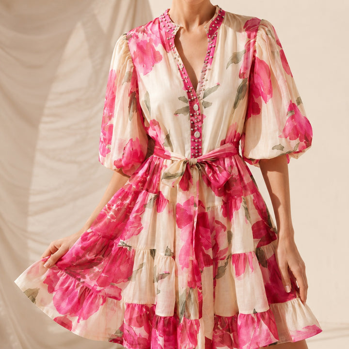 Fioritura Beaded Puff-Sleeve Mini Dress — ce_metastatic_01