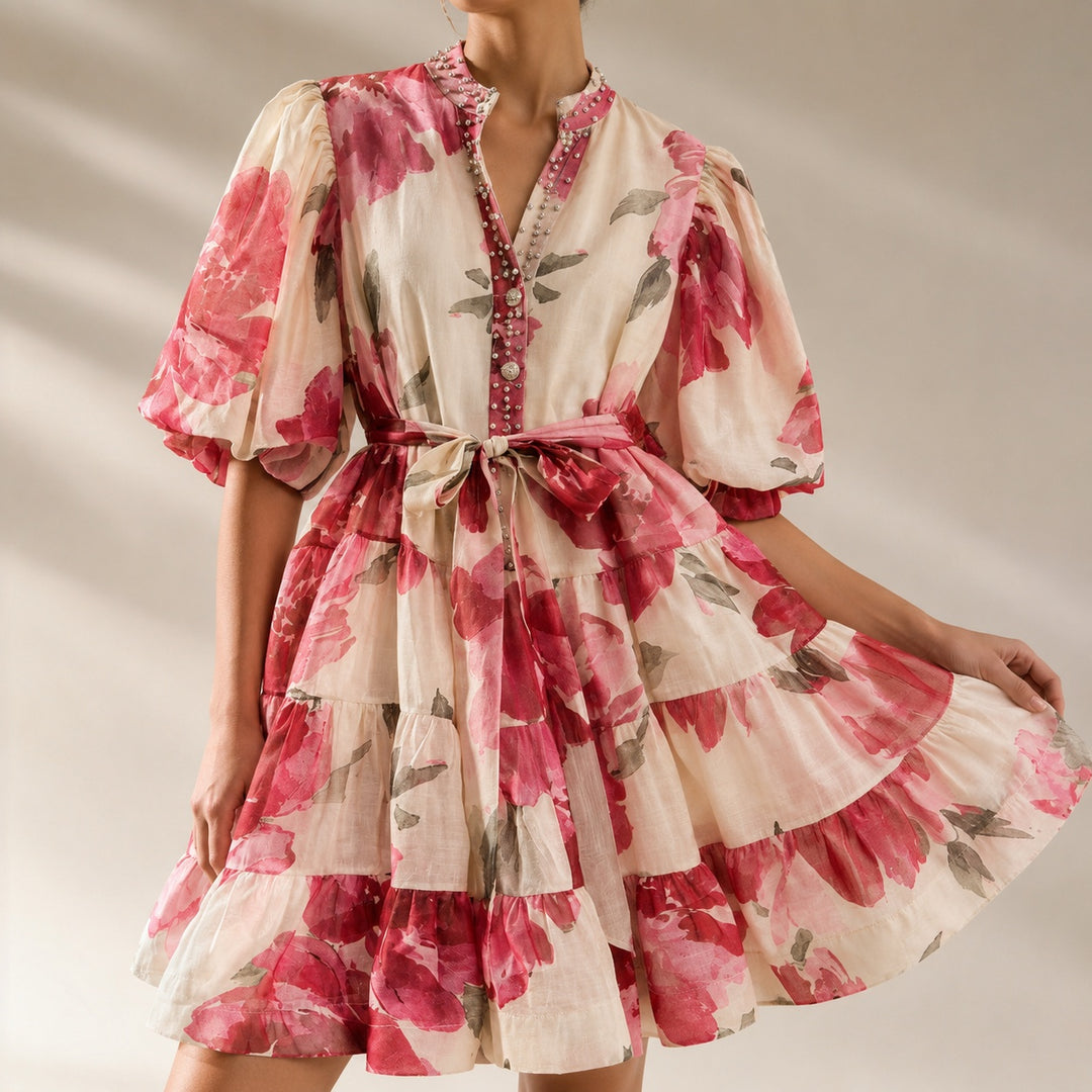 Fioritura Beaded Puff-Sleeve Mini Dress — ce_studio_01