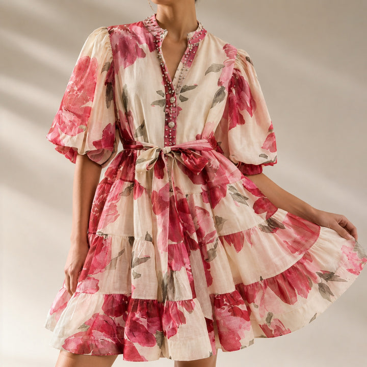 Fioritura Beaded Puff-Sleeve Mini Dress — ce_studio_01