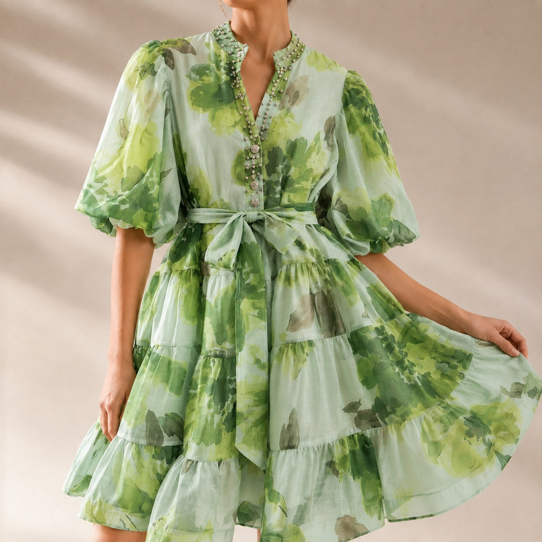 Fioritura Beaded Puff-Sleeve Mini Dress — ce_studio_01