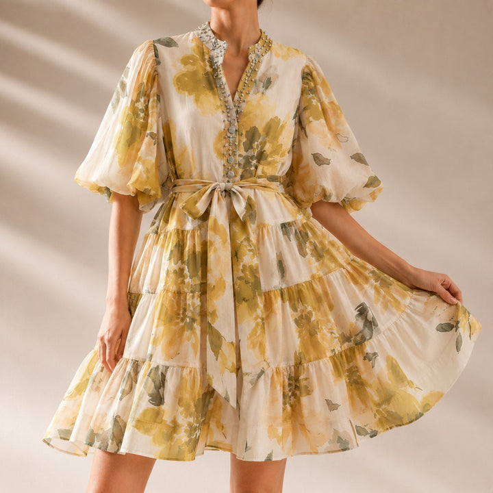 Fioritura Beaded Puff-Sleeve Mini Dress — ce_studio_01