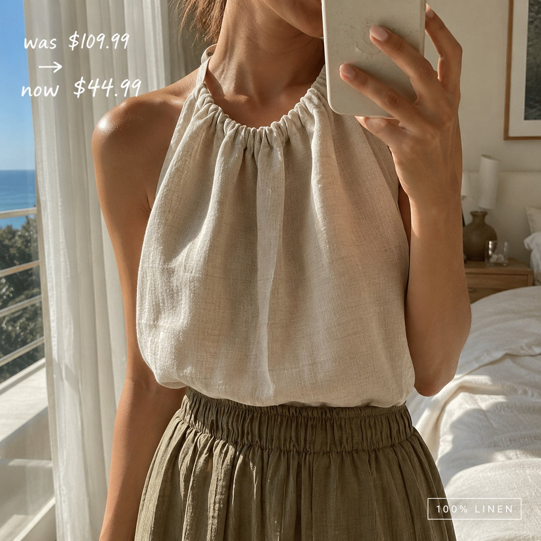 Gathered Linen Halter Top — 04_ugc_mirror_selfie