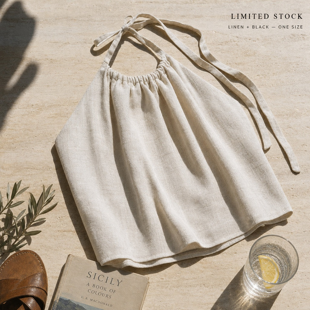 Gathered Linen Halter Top — 08_lifestyle_flat_lay