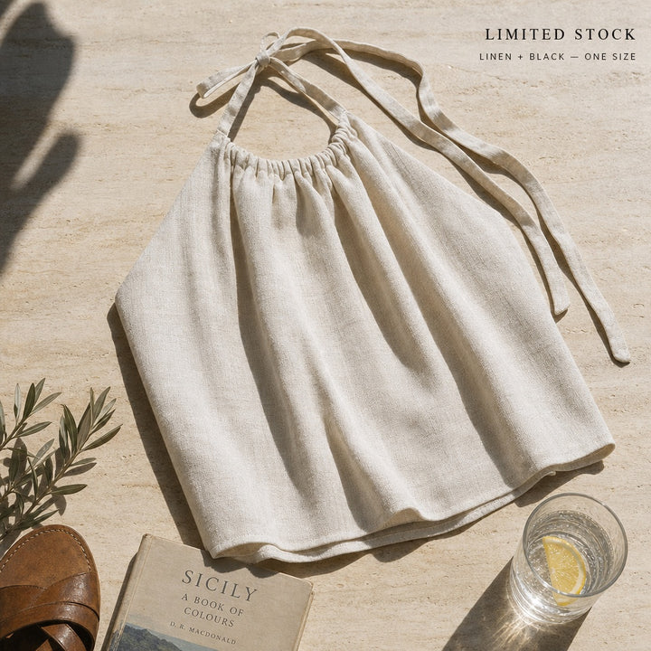 Gathered Linen Halter Top — 08_lifestyle_flat_lay
