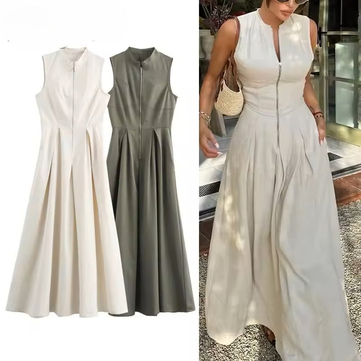 MUJER Zipper Long Dress Woman Pleated Sleeveless Bodycon Dress Summer Elegant Party Dresses For Women 2025 New Midi Dresses