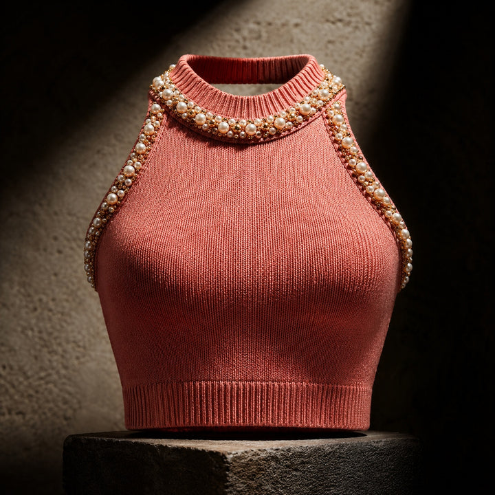 Perlina Beaded Halter Knit Top — ce_studio_01