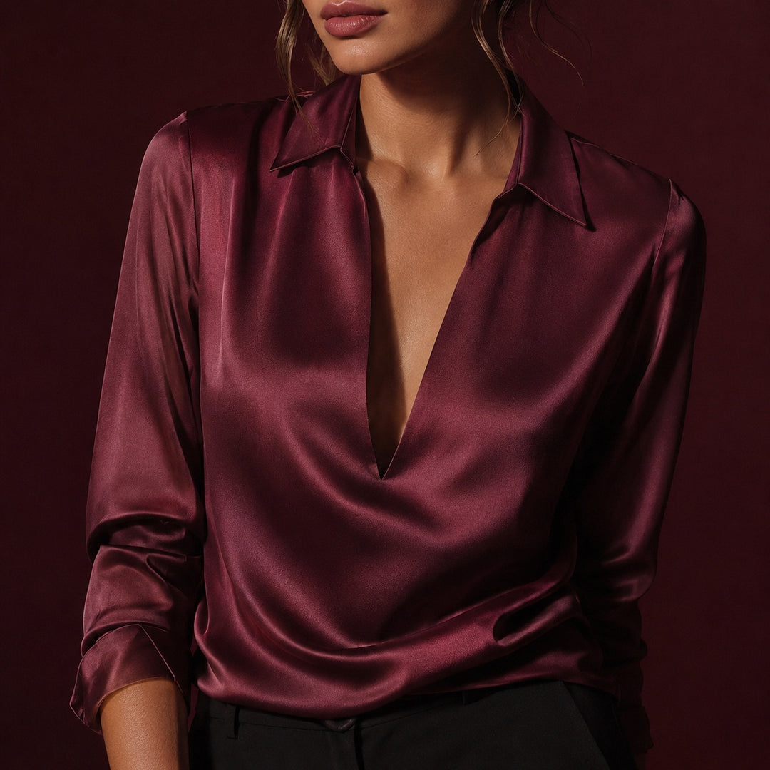 Serafina Draped V-Neck Satin Blouse — ce_metastatic_01