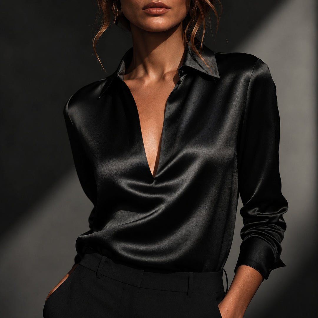 Serafina Draped V-Neck Satin Blouse — ce_metastatic_02