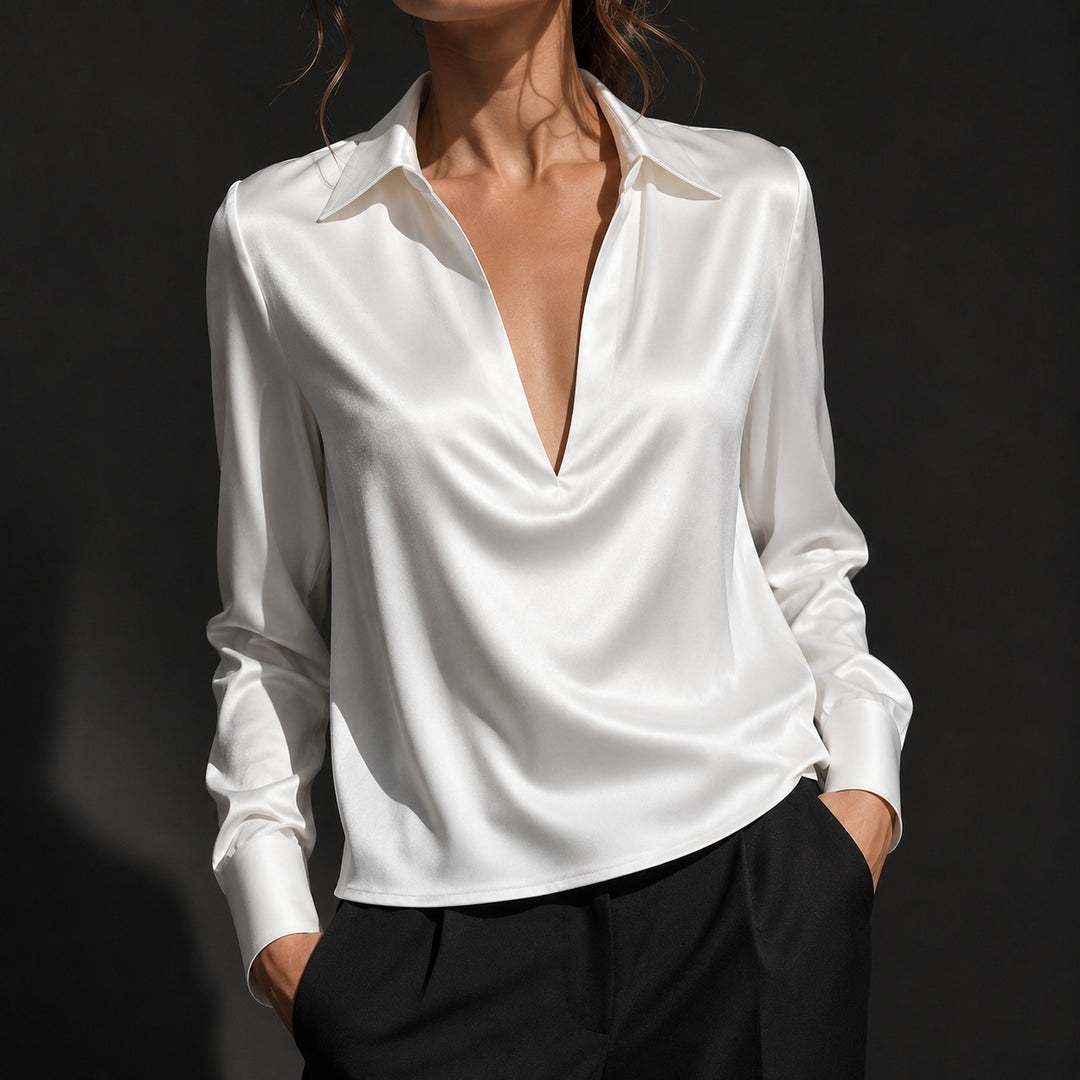 Serafina Draped V-Neck Satin Blouse — ce_studio_01
