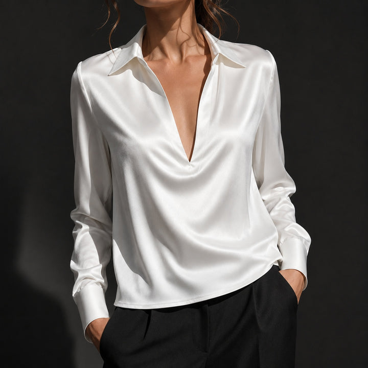 Serafina Draped V-Neck Satin Blouse — ce_studio_01