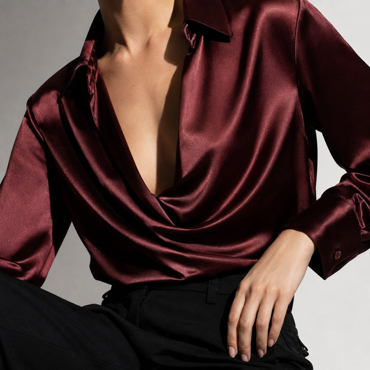 Serafina Draped V-Neck Satin Blouse — ce_studio_01
