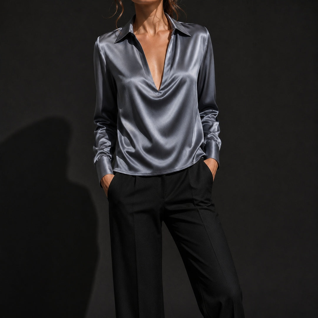 Serafina Draped V-Neck Satin Blouse — ce_studio_01