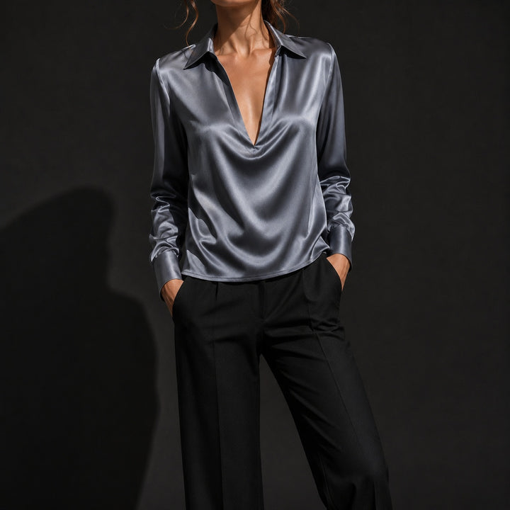 Serafina Draped V-Neck Satin Blouse — ce_studio_01